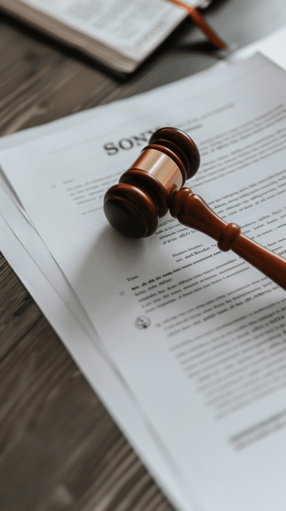 Ein Richterhammer liegt auf Dokumenten mit dem Sony-Logo, symbolisierend den rechtlichen Schutz und die Richtlinien zur Nutzung von KI in der Musikindustrie.