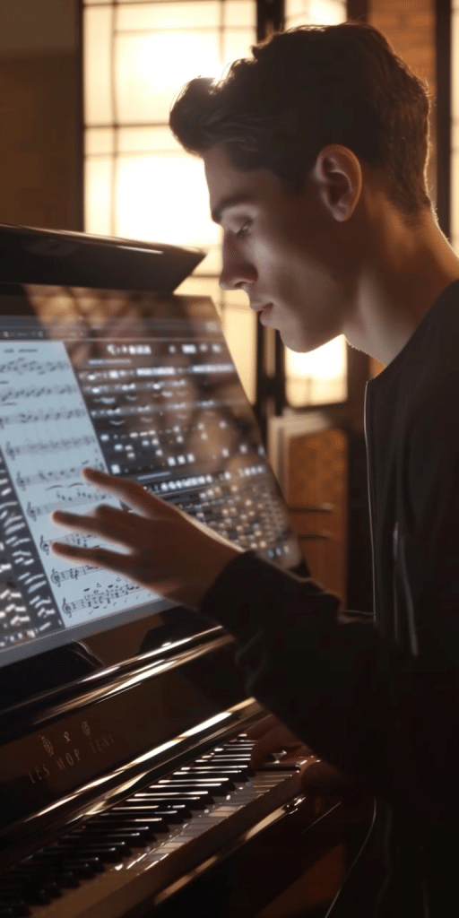 Ein junger Mann konzentriert sich auf das Spielen eines Klaviers und verwendet dabei eine digitale Partitur auf einem transparenten Display, das innovative Technologien mit traditioneller Musikpraxis verbindet.