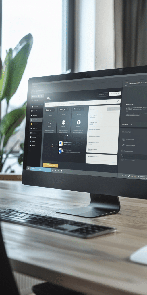 Ein professioneller Arbeitsbereich mit einem Monitor, der eine umfassende und benutzerfreundliche Benutzeroberfläche anzeigt, mit Fokus auf Effizienz und Organisiertheit, unterstützt durch moderne Bürotechnologie.