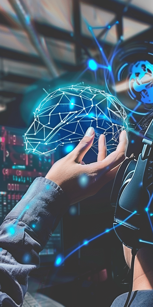 Ein Bild, das eine Hand zeigt, die eine holographische Darstellung der Erde hält, umgeben von digitalen Daten und futuristischen Interfaces, symbolisch für die globale Vernetzung durch fortschrittliche Technologie.