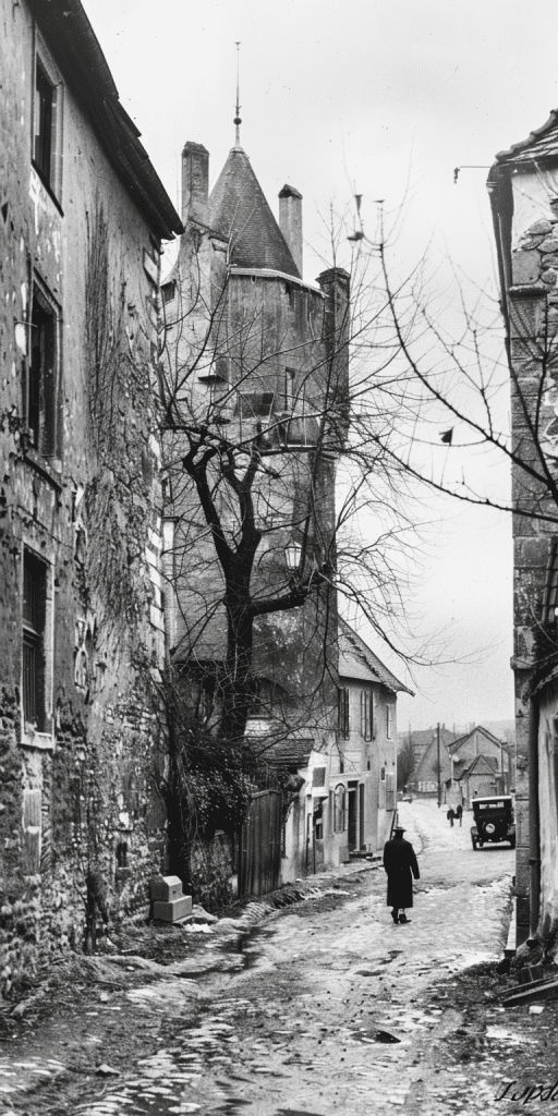 Ein atmosphärisches schwarzweiß Foto einer alten Straße mit traditionellen Häusern, einer einzelnen Figur im Mantel, die die Straße entlanggeht, und einem alten Auto, das die vergangene Ära widerspiegelt.
