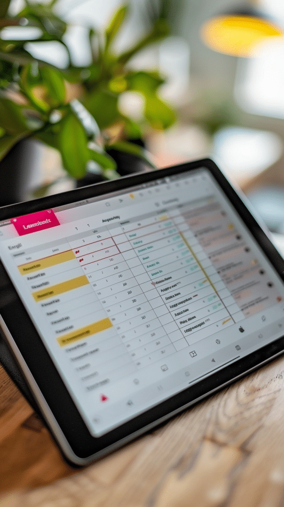 Nahaufnahme eines Tablets mit geöffneter Aufgabenmanagement-App, die eine Liste von Aufgaben in verschiedenen Prioritätsstufen zeigt, eingebettet in eine natürliche Büroumgebung mit Grünpflanzen.