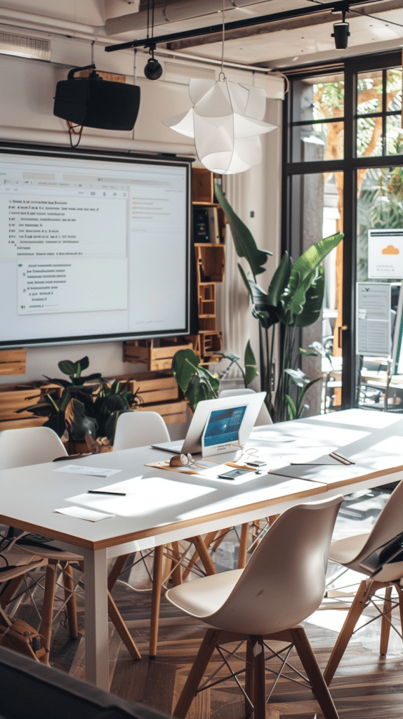 Ein helles und gut beleuchtetes Büro mit modernen Möbeln und einer entspannenden Pflanzendekoration. Ein großer Bildschirm zeigt ein Arbeitsdokument, umgeben von leeren Sitzplätzen und Arbeitsmaterialien.