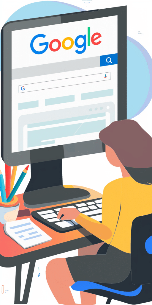 Eine Illustration einer Frau, die an einem Computer sitzt und eine Google-Suche durchführt, umgeben von lebhaften grafischen Elementen, die eine farbenfrohe und dynamische Arbeitsumgebung darstellen.