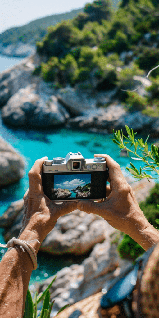 Hände halten eine Kamera, die gerade eine felsige Küstenlandschaft fotografiert, sichtbar auf dem Kameradisplay, umgeben von lebendigem Grün und kristallklarem Wasser.
