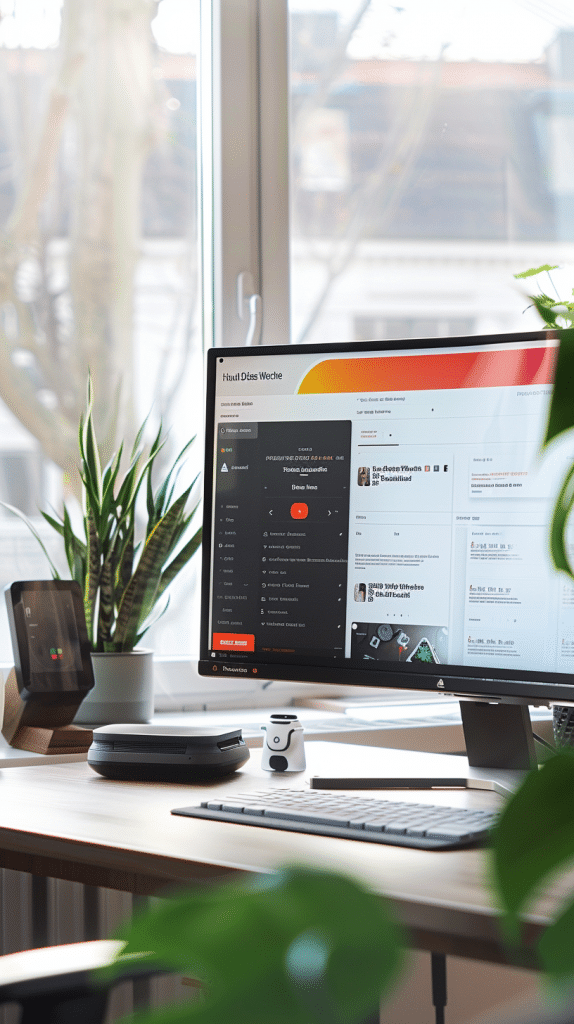 Ein moderner Arbeitsplatz mit einem großen Monitor, der eine Benutzeroberfläche anzeigt, umgeben von Smart-Home-Geräten und Grünpflanzen, die eine angenehme und technologisch fortschrittliche Arbeitsumgebung schaffen.