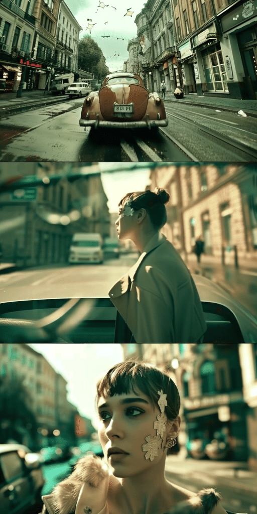 Drei Bilder zeigen ein braunes Vintage-Auto auf einer nassen Stadtstraße, eine Frau in einem hellen Mantel in Seitenansicht und eine Frau mit künstlerischen Accessoires im Gesicht in einer urbanen Umgebung