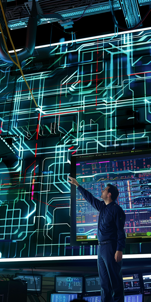 Ein Mann steht in einem Hightech-Raum und interagiert mit einer dreidimensionalen Darstellung digitaler Netzwerke, die in leuchtenden Blau- und Rottönen hervorgehoben sind, symbolisch für komplexe Datenverarbeitung und Systemmanagement.