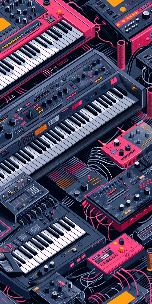 Eine detaillierte Anordnung verschiedener elektronischer Musikinstrumente und Geräte in einem künstlerisch gestalteten Layout, das die Vielfalt und Komplexität der Musikproduktion mit moderner Technologie darstellt.