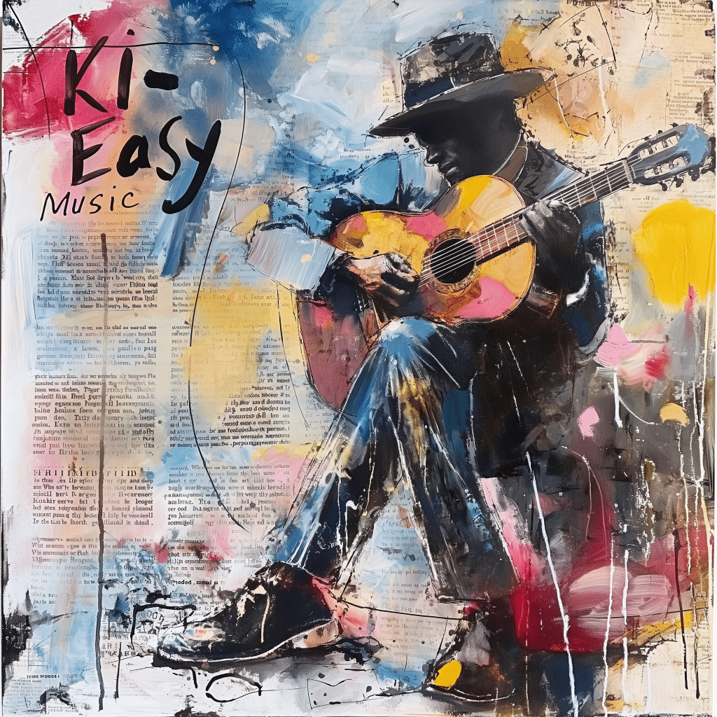 Ein künstlerisches Gemälde eines Gitarristen, dargestellt in einem Stil, der Elemente traditioneller Malerei mit modernen, abstrakten Ausdrucksformen mischt, betont durch den Text "Ki-Easy Music" auf der Oberseite.