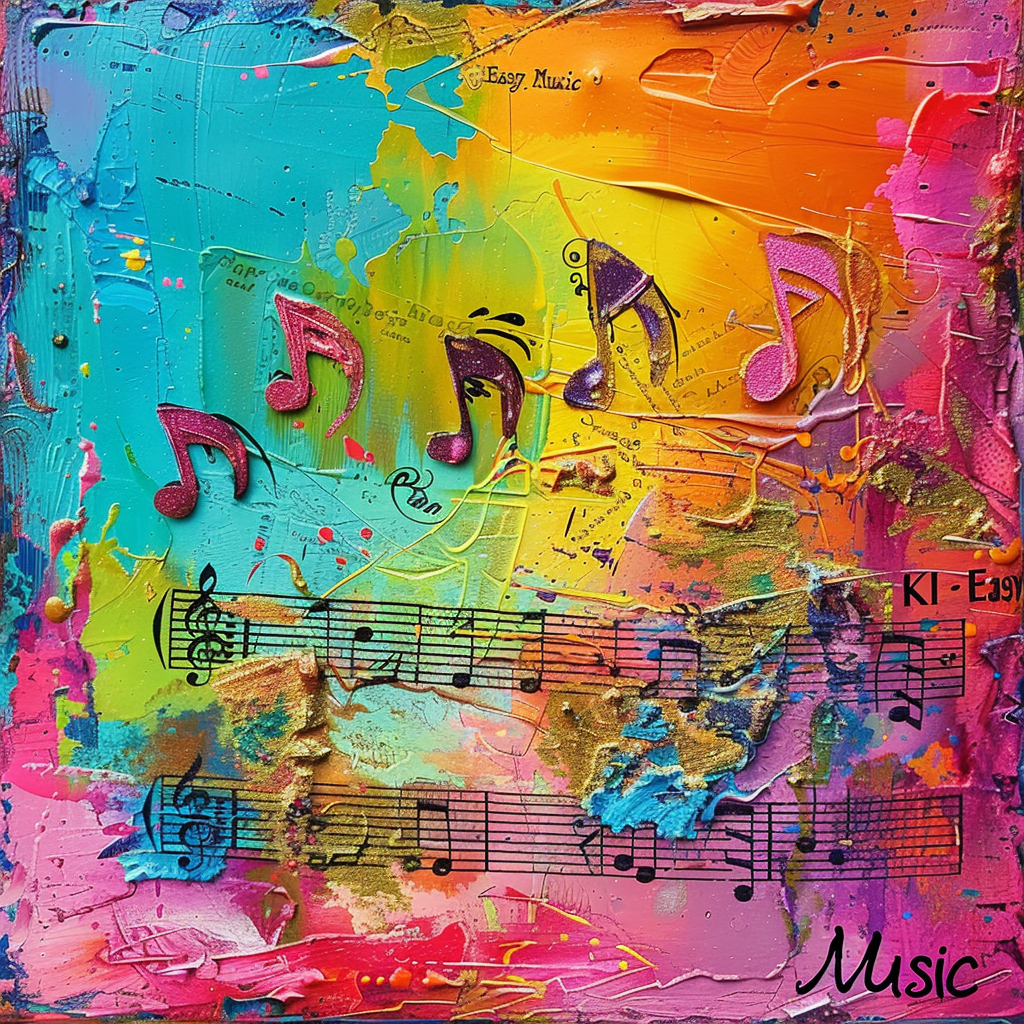 Ein lebhaftes Gemälde, das Musik durch farbenfrohe, abstrakte Kunst ausdrückt, mit Musiknoten und dynamischen Farbspritzern auf einer Leinwand, die die Freude und das Erlebnis der Musik visualisiert.