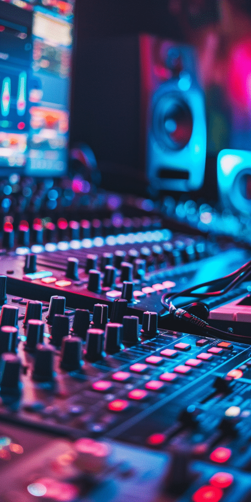 Ein vibrierendes Bild eines DJ-Mischpults mit leuchtenden Reglern und Schaltern, umgeben von einer neonbeleuchteten Umgebung, das die Intensität und Energie elektronischer Musik widerspiegelt.