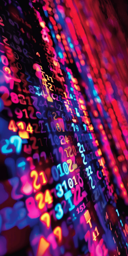 Ein faszinierendes Bild von fließenden Zahlen und Daten, dargestellt in leuchtenden Neonfarben auf einem dunklen Hintergrund, symbolisiert die komplexe Datenverarbeitung in der Musiktechnologie.