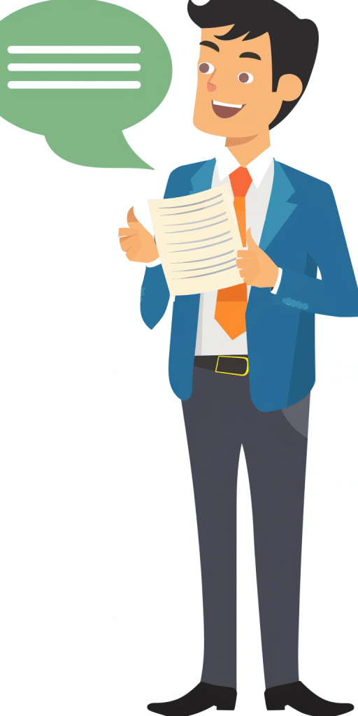 Illustration eines lächelnden Geschäftsmanns in einem blauen Anzug, der ein Blatt Papier hält und eine Präsentation gibt.