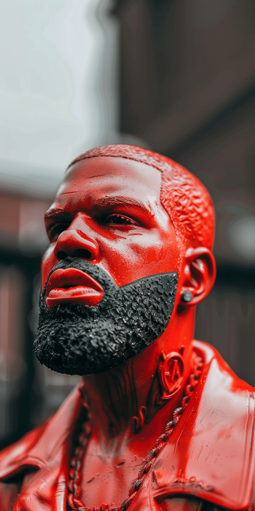 Ein kraftvolles Porträt eines Mannes in rot, dessen Haut und Kleidung in sattem, lebhaftem Rot gehalten sind, was einen starken visuellen Eindruck hinterlässt.