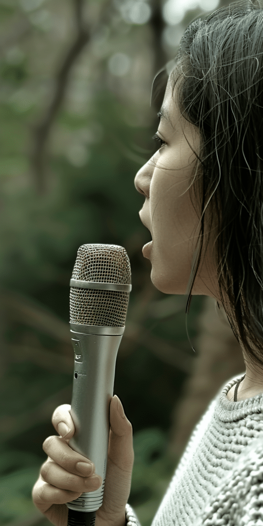 Frau singt in ein Mikrofon im Freien mit unscharfem Hintergrund.