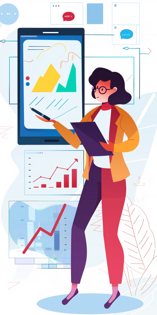 Geschäftsfrau mit Brille präsentiert Datenanalysen auf einem großen Bildschirm und hält ein Klemmbrett in der Hand.