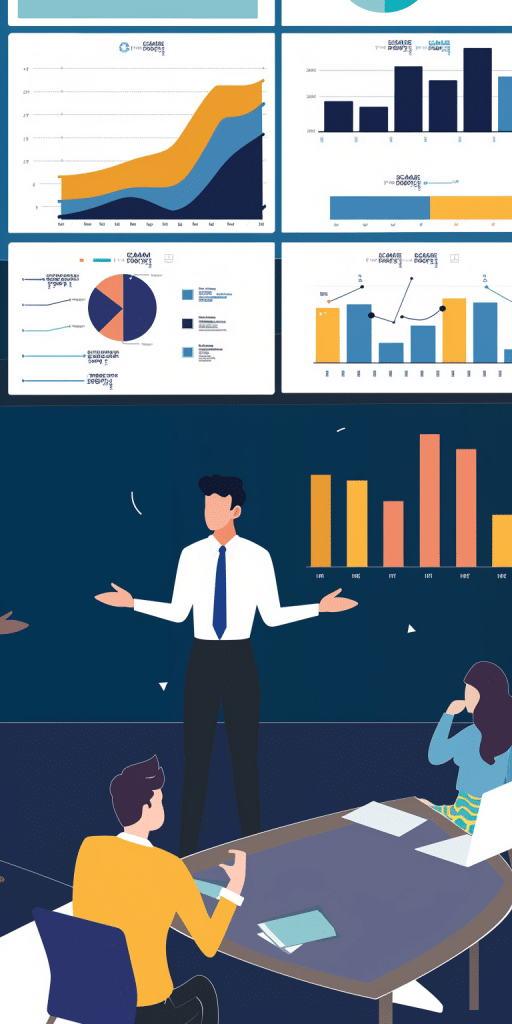 Ein Geschäftsmann hält eine Präsentation mit Datenvisualisierungen auf mehreren Bildschirmen im Hintergrund.