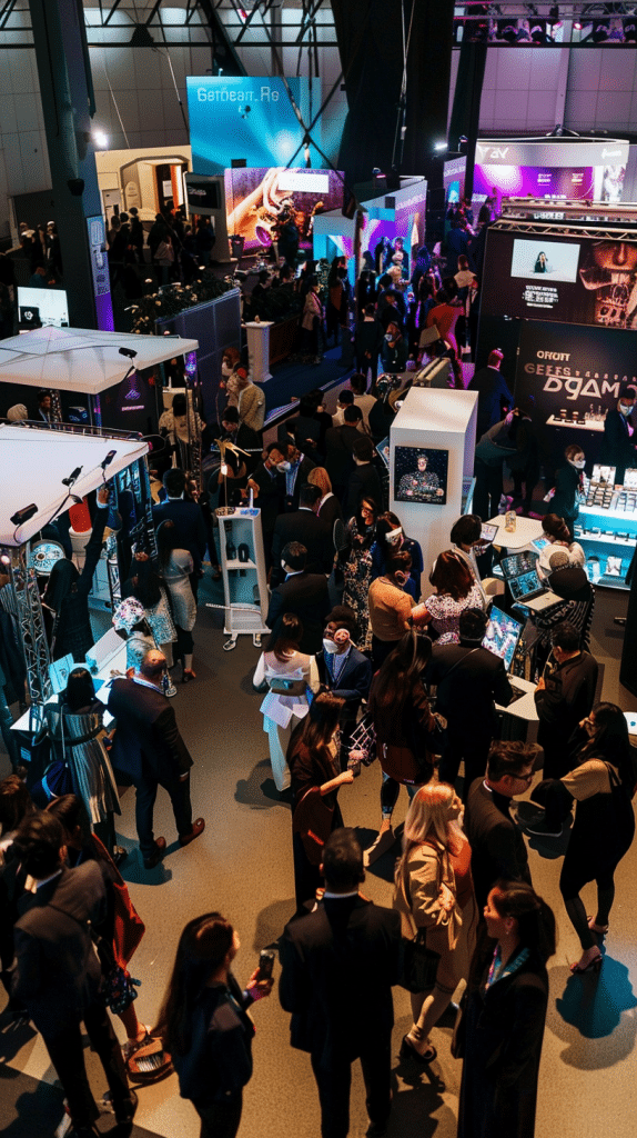 Überblick über eine belebte KI-Expo und Technologie-Messe mit verschiedenen Ständen und zahlreichen Besuchern.