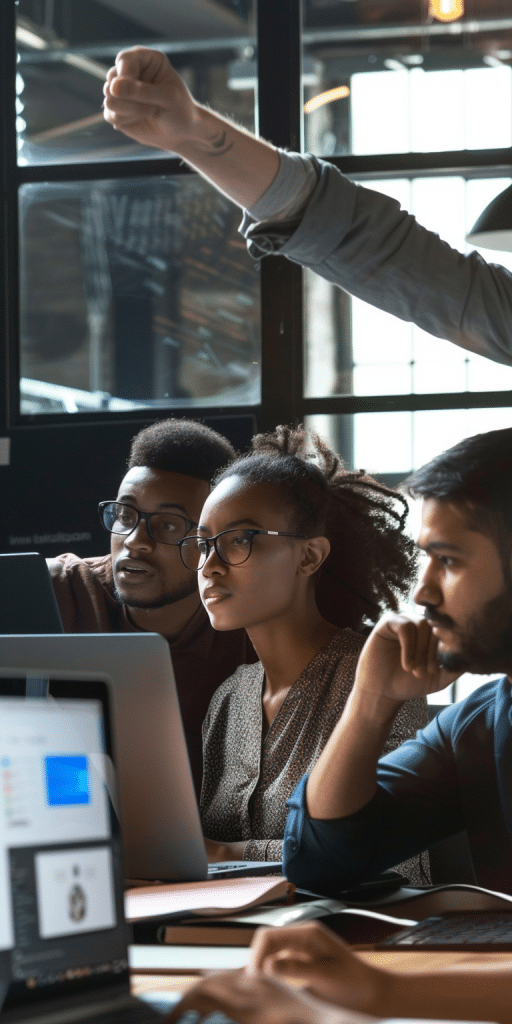 Ein diverses Team arbeitet gemeinsam an Laptops in einem modernen Büro, während eine Person etwas erklärt.