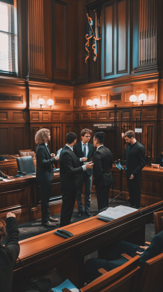 Anwälte diskutieren im Gerichtssaal während des Verfahrens gegen KI-Musikgeneratoren wegen Urheberrechtsverletzungen.