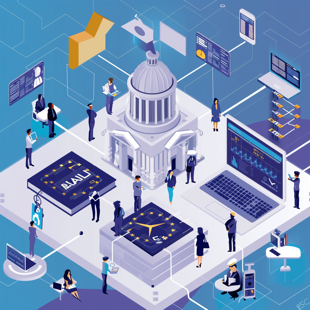 Illustration der Umsetzung europäischer Datenschutzrichtlinien mit Menschen und Technologie