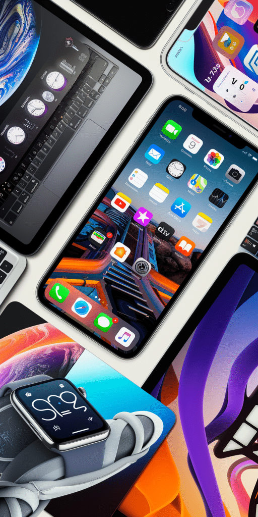 Collage verschiedener Apple-Geräte wie iPhone, iPad und Apple Watch