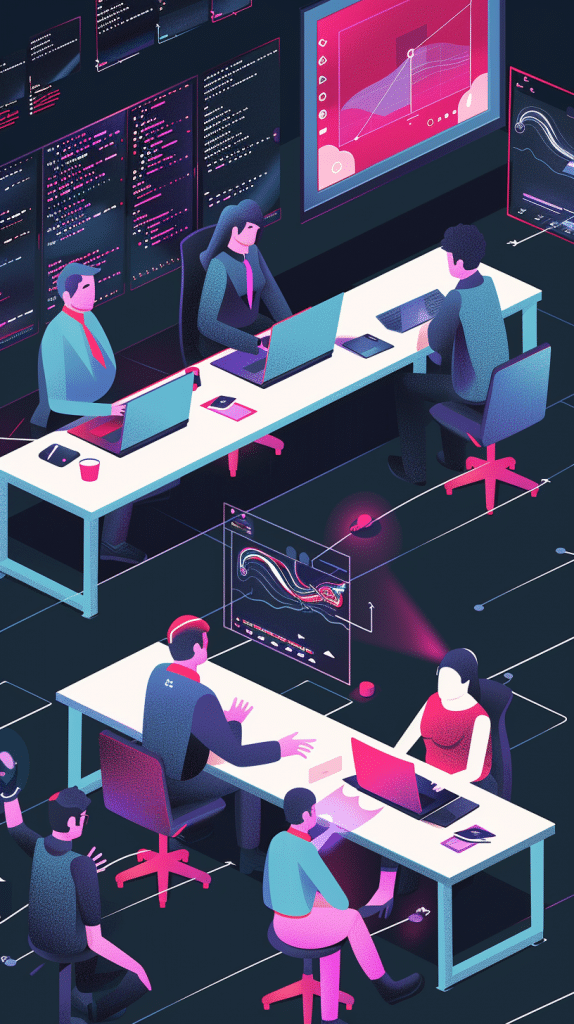 Illustration eines kreativen Teams, das in einem Büro mit fortschrittlichen KI-Tools arbeitet.