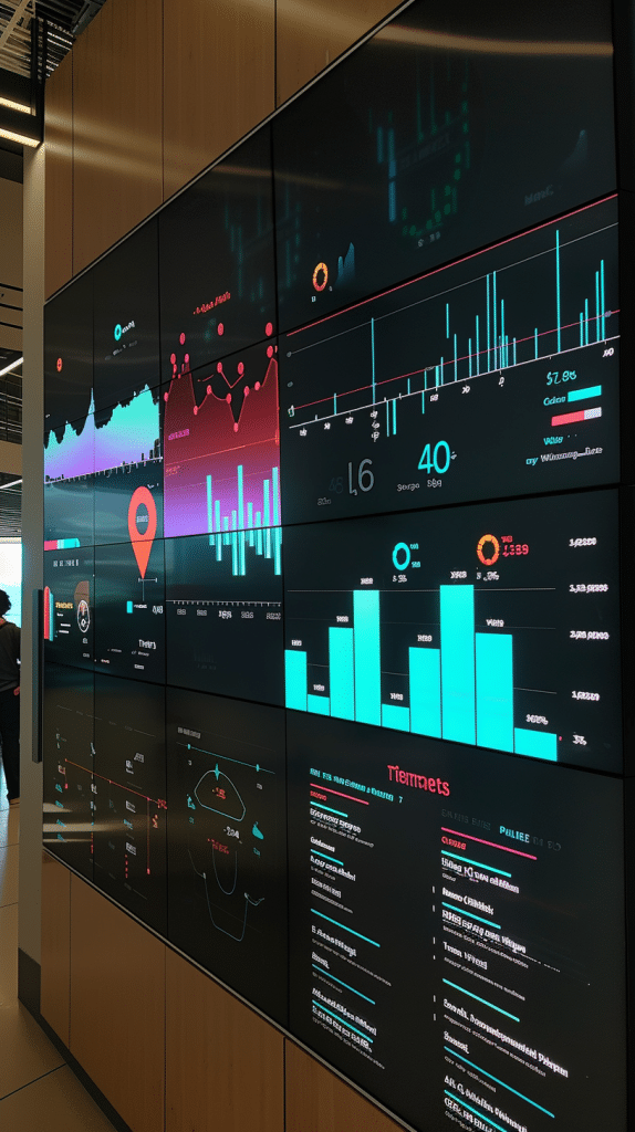 Moderne Datenanalyseanzeige an einer Wand in einem Büro mit verschiedenen Grafiken und Diagrammen.