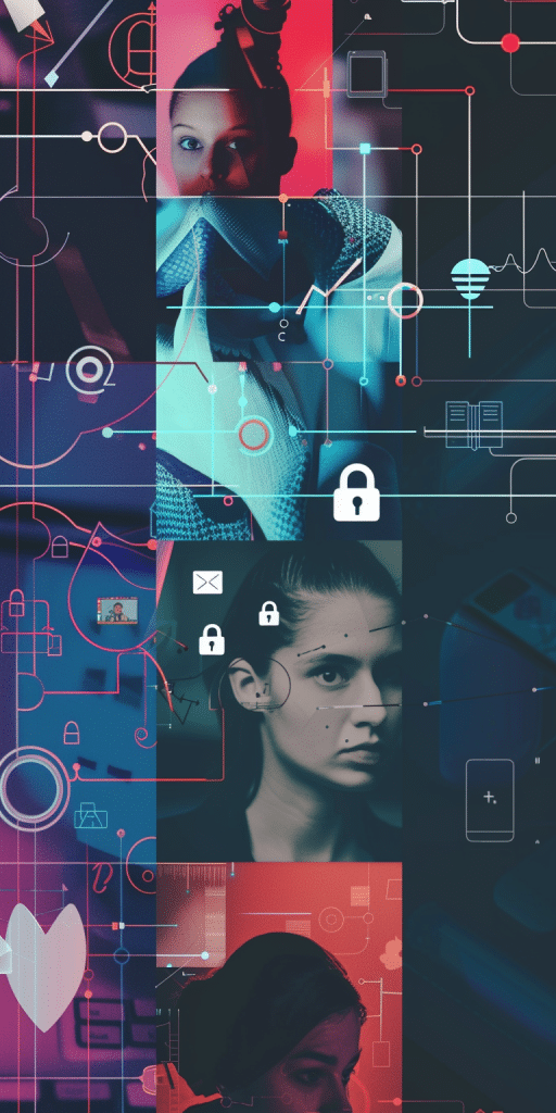 Abstrakte Darstellung von Frauen und digitalen Symbolen, die Datenschutz und Technologie darstellen