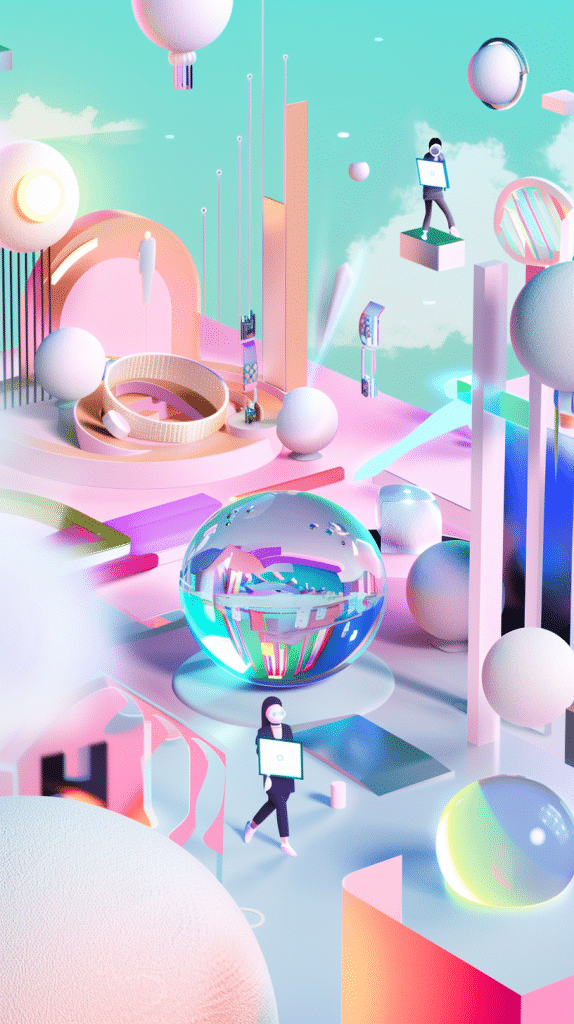 Eine surrealistische Darstellung einer futuristischen KI-Welt mit schwebenden Objekten und digitalen Elementen.