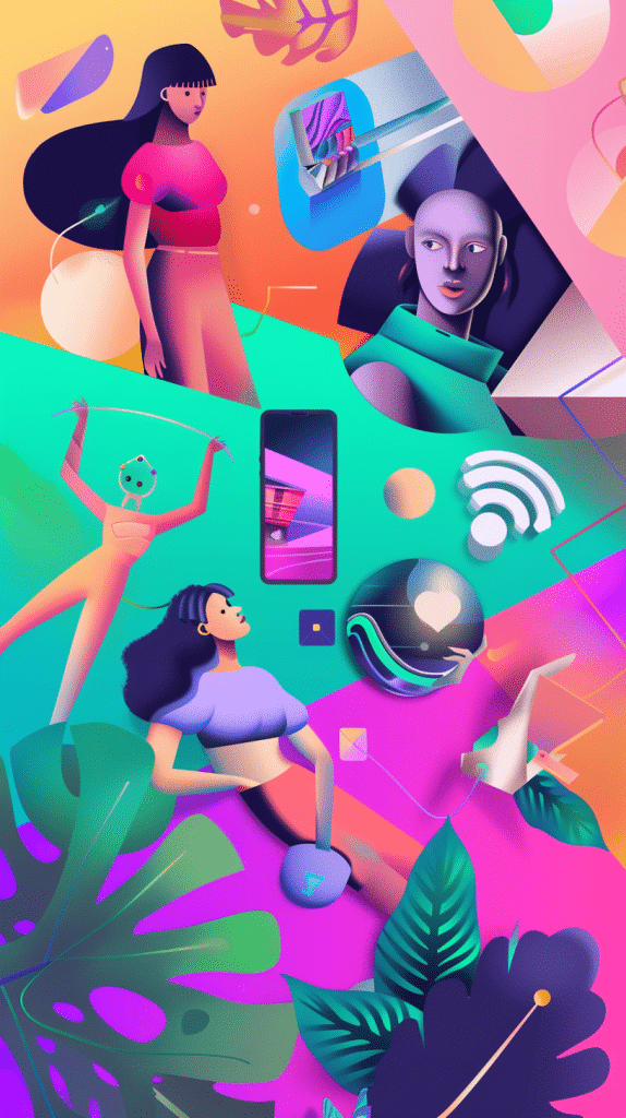 Illustration von Menschen, die mit fortschrittlichen KI-Tools kreative Projekte entwickeln und interagieren.