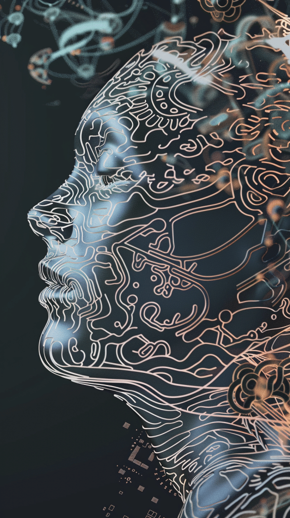 Künstlerische Darstellung eines menschlichen Gesichts mit technologischen Mustern als Symbol für Claude 3.5 Sonnet KI-Modell.