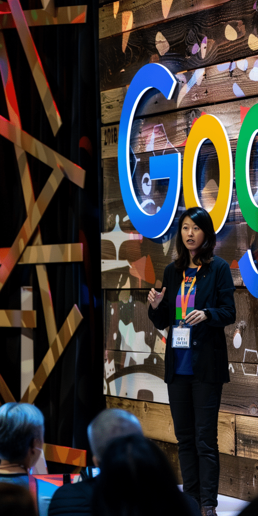 Eine Google-Sprecherin hält eine Präsentation über die Integration von KI in die Suchmaschine.