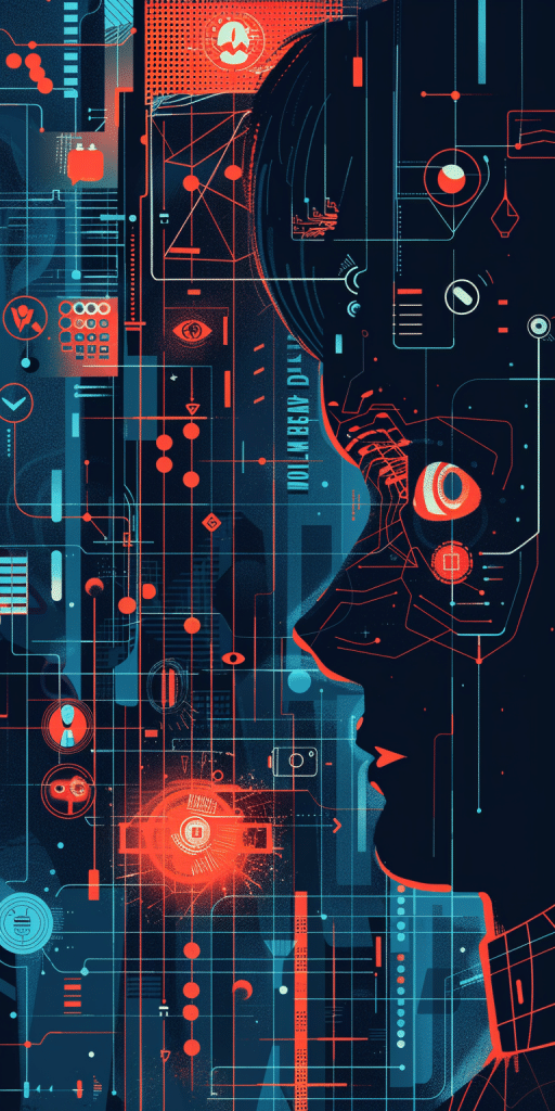 Abstrakte Illustration eines menschlichen Gesichts mit digitalen Symbolen und Netzwerken