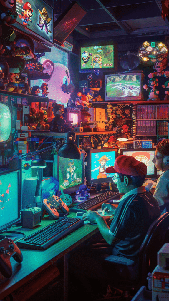 Ein Nintendo-Spieleentwicklungsstudio mit traditionellen Spieleentwicklungsgeräten, Entwicklern bei der Arbeit und ohne den Einsatz von generativer KI-Technologie.