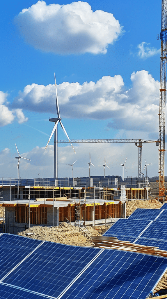 Eine Baustelle mit im Bau befindlichen Windkraftanlagen und Solarpaneelen unter einem blauen Himmel mit weißen Wolken, die die Bemühungen zur Implementierung erneuerbarer Energien darstellt.
