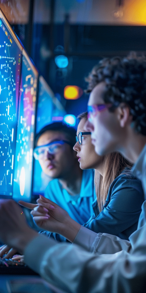 Eine Gruppe von Forschern von MIT und Boston University arbeitet zusammen in einem modernen Labor an einem wissenschaftlichen Projekt.