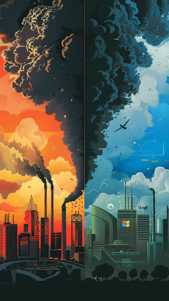 Eine Illustration zeigt eine geteilte Szene: auf der linken Seite eine Stadt mit Fabriken, die schwarze Rauchwolken ausstoßen, und auf der rechten Seite eine moderne Stadt mit Google- und Microsoft-Gebäuden und Datenzentren. Weitere Bilder zeigen technische Datenzentren und den Bau von Windkraftanlagen und Solarpaneelen.