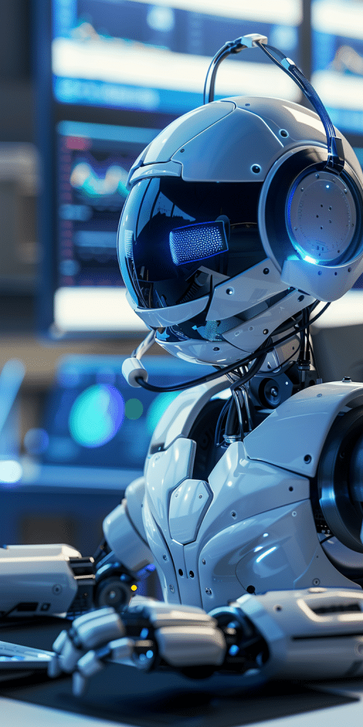 Ein futuristischer KI-Chatbot mit leuchtenden blauen Akzenten, der in einem modernen Kontrollraum sitzt und Kundenanfragen bearbeitet.