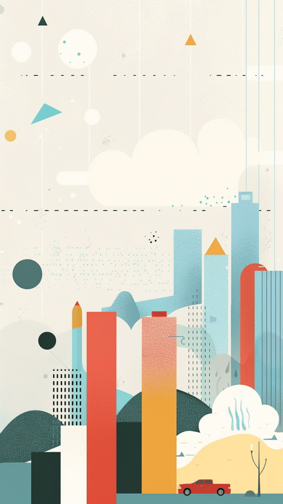 Eine abstrakte Illustration einer modernen Stadtlandschaft mit bunten Gebäuden, geometrischen Formen und Wolken am Himmel, die die Dynamik und Herausforderungen der modernen Urbanisierung symbolisiert.