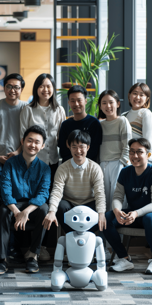 Das Kyutai-Team, bestehend aus acht Forschern, posiert mit einem kleinen weißen Roboter in einem modernen Büro.