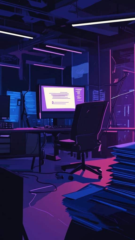 Illustration eines modernen, dunklen Büros mit High-Tech-Ausrüstung und Neonbeleuchtung. Ein großer Bildschirm auf einem Schreibtisch zeigt Text, umgeben von Stühlen und Stapeln von Dokumenten. Die Szene ist in lila und blauen Tönen gehalten, was eine futuristische und geheimnisvolle Atmosphäre erzeugt.
