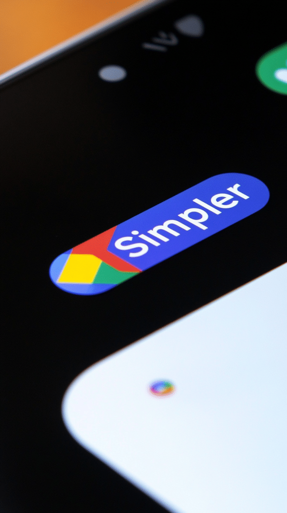 Eine Nahaufnahme des Smartphone-Bildschirms zeigt die App-Ikone "Simpler" mit einem verschwommenen Hintergrund.