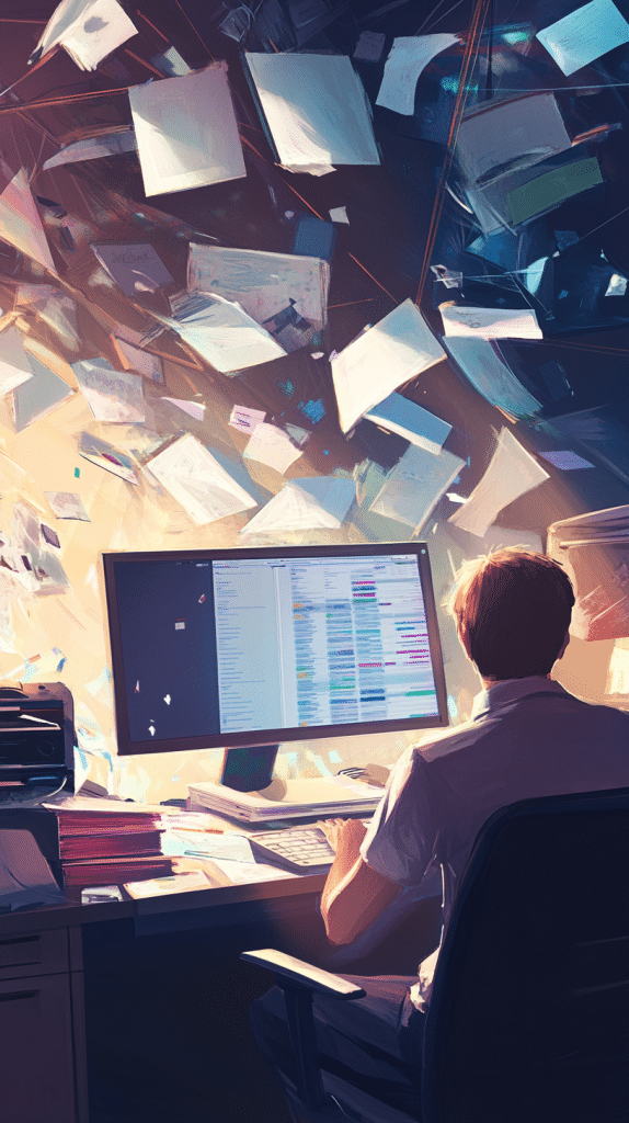Eine Person sitzt an einem Schreibtisch und arbeitet an einem Computer, während unzählige Papierdokumente durch die Luft fliegen.