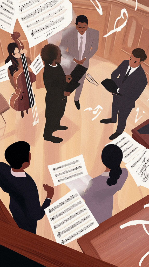 Eine Gruppe von fünf Musikern in formeller Kleidung steht zusammen und betrachtet Notenblätter. Um sie herum sind verschiedene Partituren verteilt, und ein Kontrabass ist im Hintergrund zu sehen.