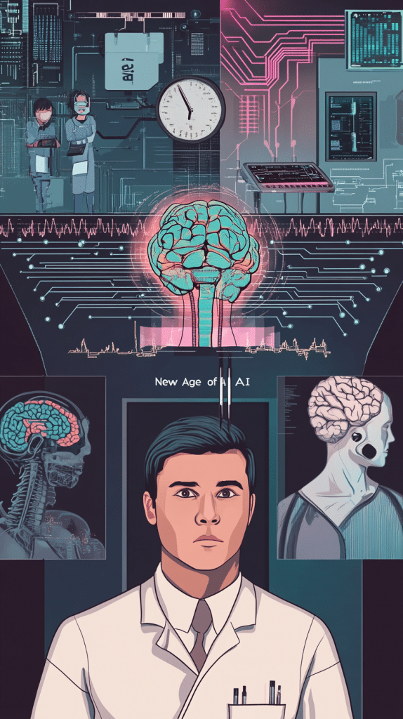 Illustration eines Wissenschaftlers, umgeben von neuronalen Netzwerken, KI-Elementen und einem leuchtenden Gehirn.