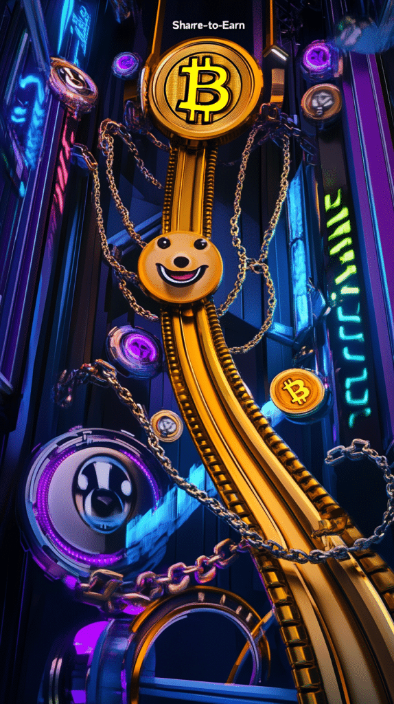 Ein futuristisches, neonfarbenes Bild mit einem goldenen Bitcoin-Symbol und Ketten, die verschiedene Kryptowährungs-Symbole verbinden