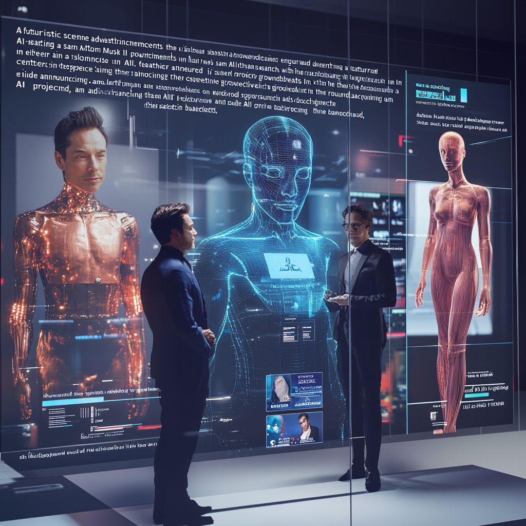 Zwei Männer in einem High-Tech-Labor, das mit holografischen Darstellungen von menschlichen und künstlichen Intelligenzfiguren gefüllt ist, während sie eine fortschrittliche KI-Technologie präsentieren.