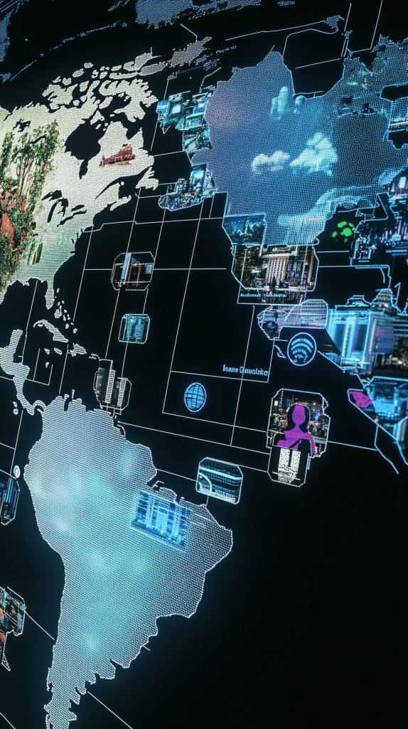 Eine digitale Darstellung eines Globus mit verschiedenen vernetzten Informationen, die auf den Kontinenten angezeigt werden.